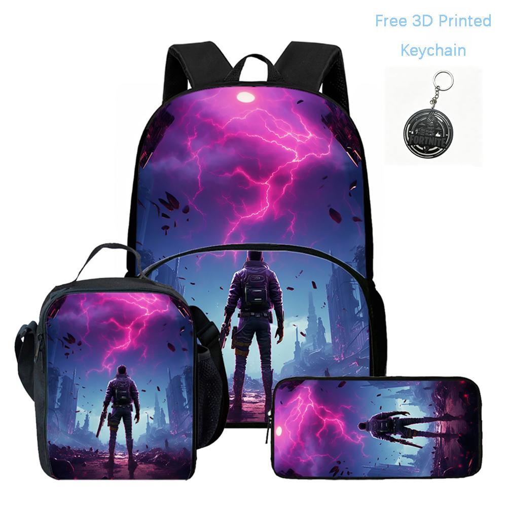 FORTNITE 3Pcs Cartoon School Set, Lightweight Backpack Front Pocket, Lunch & Pencil Case Kids 5-10, Free 3D Printed Keychain