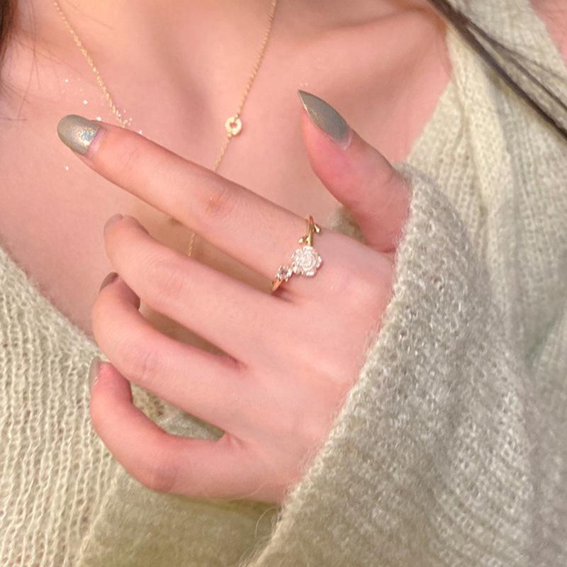 Camellia Open Ring Women'S Adjustable Niche Design Fashion Personality Light Luxury High-End Zircon Index Finger Ring