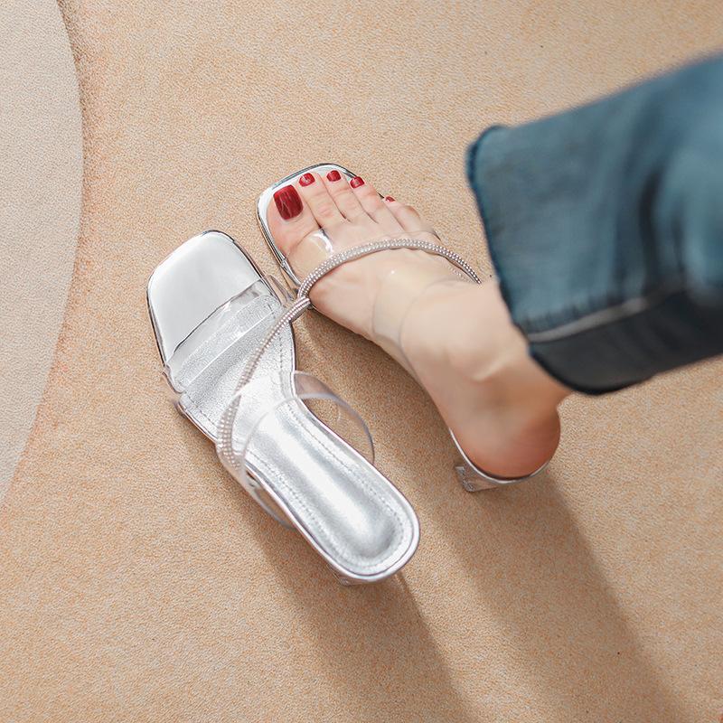 Rhinestone Transparent Crystal Heel Beautiful Sandals Women's Thick Heels Slippers High Heels Wear Sandals with Skirt