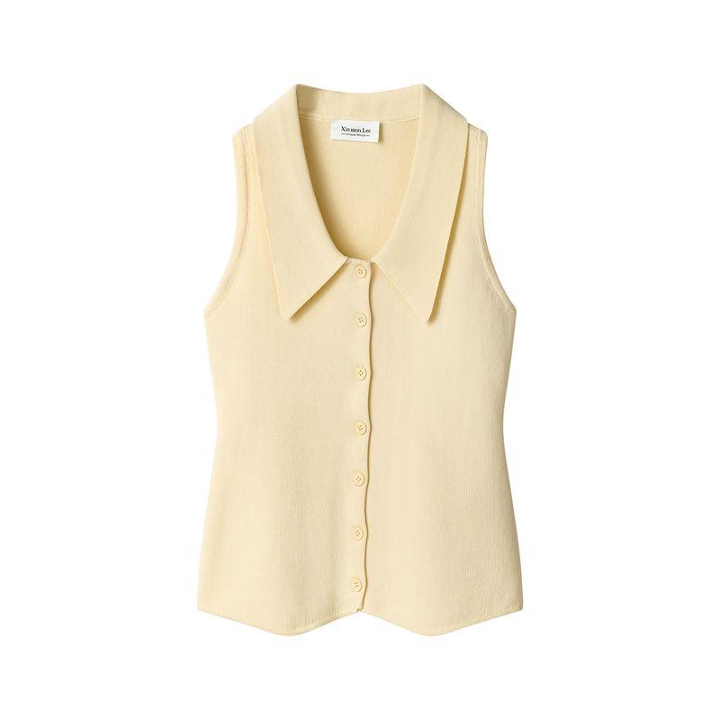 

Xinmonlee Chic Age-Reducing Lapel Pure Desire Style Sweet and Spicy Sleeveless Knit T-shirt Summer Short Slimming Vest Light yellow S