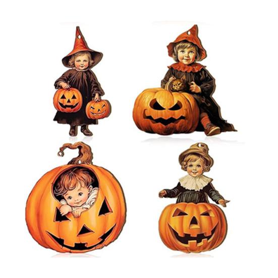 Halloween Wood Ornament For Tree Vintage Hanging Decoration Pumpkin Witch Black Cat