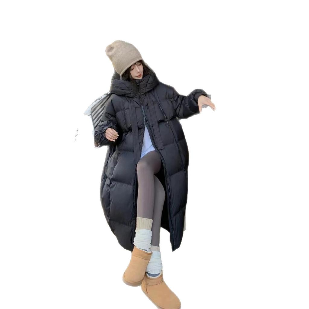 Hooded over the knee loose fashion thickened winter warm foreign gas streamer thin long down jacket