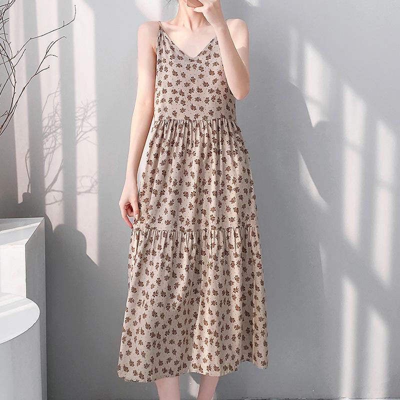 Printed women's cotton and silk nightgown large size sweet floral pajamas sleeveless loungewear summer thin can be worn outside