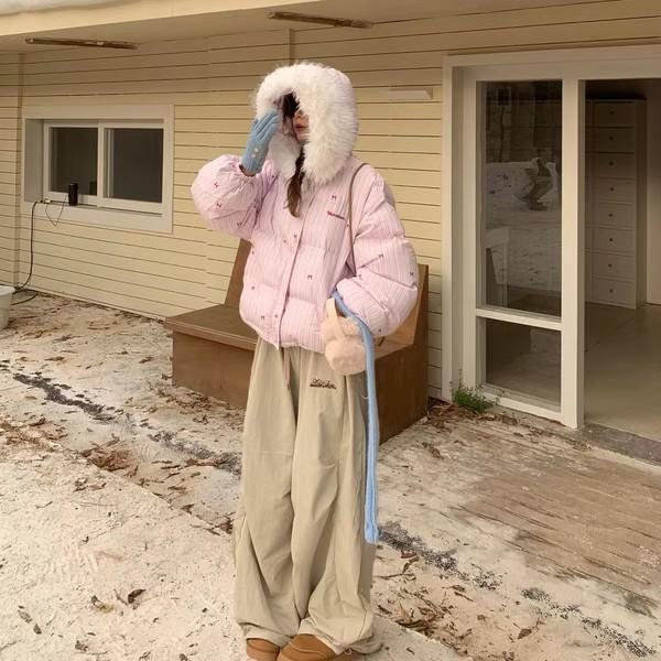 Designed Striped Bow Fur Collar Hooded Cotton Coat Thickened Petite Women's Cotton Coat