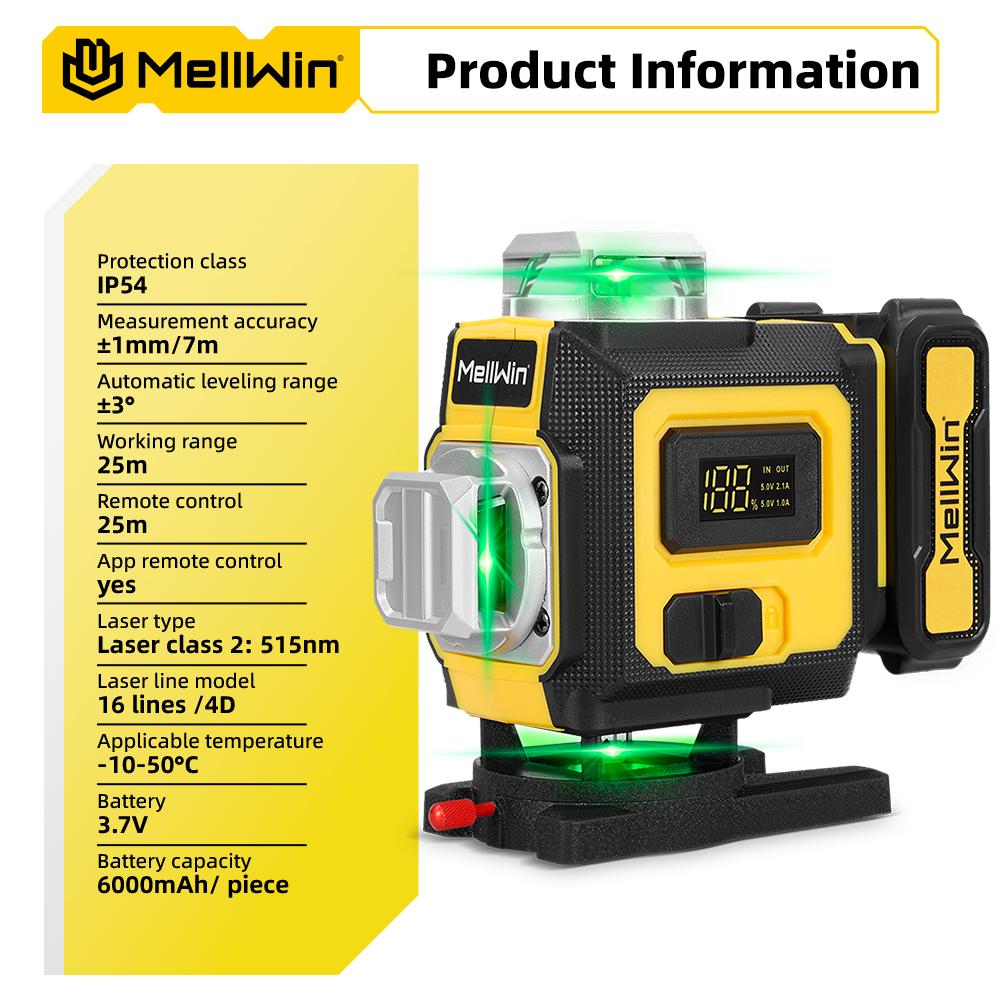 MELLWIN Professional 16 Lines 4D Laser Level with APP Remote Control – 360° Horizontal & Vertical Self-Leveling Green Beam Laser Tool