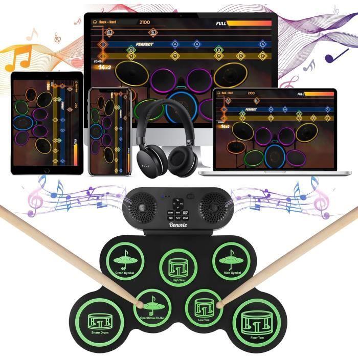 Bonvvie Roll Up Tambour Avec 7 pads,MIDI,DTC,Batterie Rechargeable 1200mAh Li-ion,Haut-parleurs Intégrés