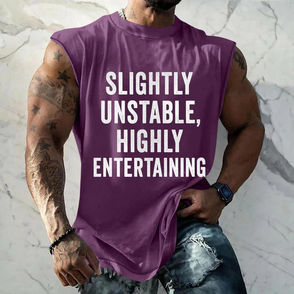 Men’s Sleeveless Casual Loose Fit T Shirt with Slightly Unstable Highly Entertaining Graphic Print Crew Neck Top
