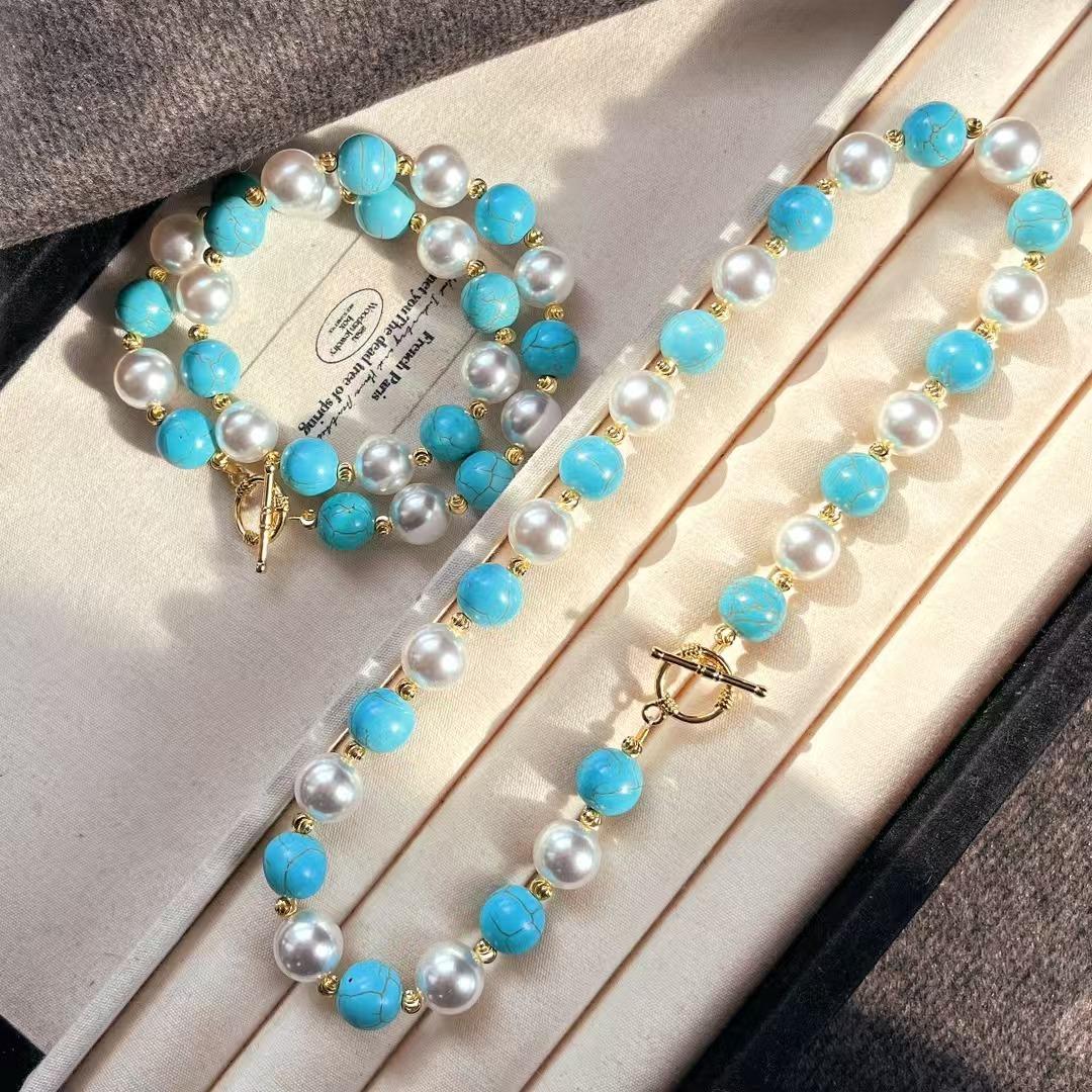 Vintage High Quality Vibe Artificial Turquoise Artificial Crystal Pearl Collarbone Chain Necklace