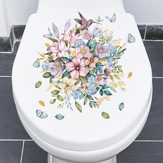 1 Set Toilet Sticker Flower Pattern Wall Decal Removable Self-adhesive Toilet Lid Sticker for Home Bathroom