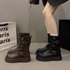 Women Boots Retro British Style Short Boot Mid-Calf Leather Boot Belt Buckle Design Knight Boots for Women Platform Bota