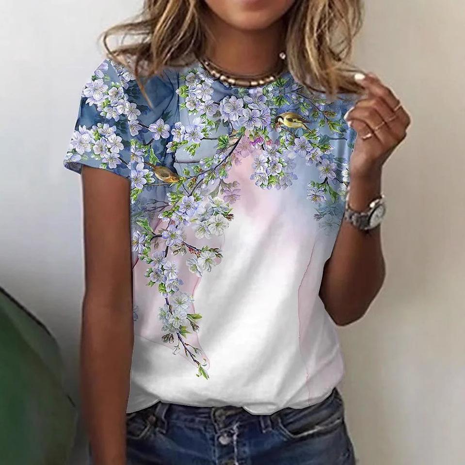 European and American Women's Clothing Hot Item Creative Color Flower 3D Printed T-shirt for Women 3222 KTB
