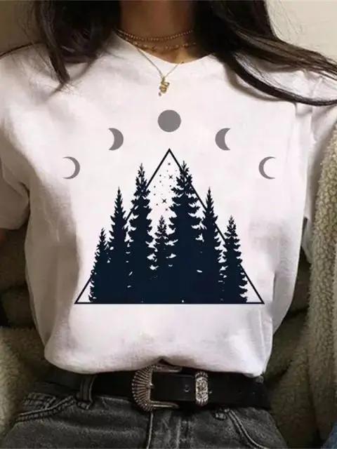 Maycaur Newest Funny Moon Print T Shirt Women White and Black Shirts Fashion Round Neck Short Sleeve T-Shirt Summer Tees Casual Top