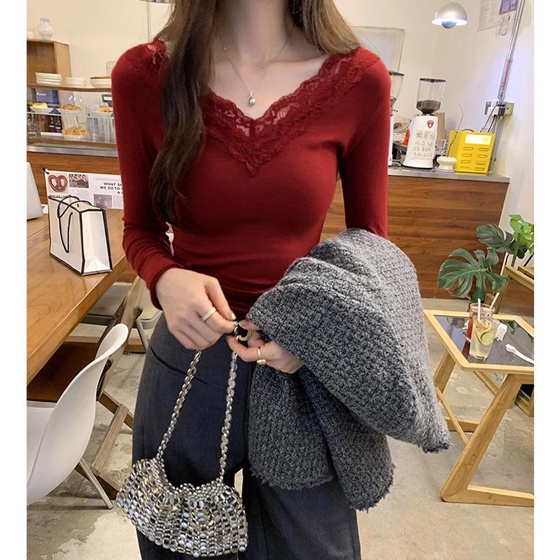 

Women s Slim-Fit Long Sleeve Lace Ruffle V-Neck Top for Autumn/Winter XL вино красного