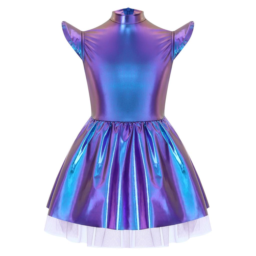 Schillerndes Alien-Tutu-Kleid für Mädchen, Glänzendes Kostüm mit Stehkragen, Flatterärmeln & Reißverschluss hinten, Bühnenauftritt & Party