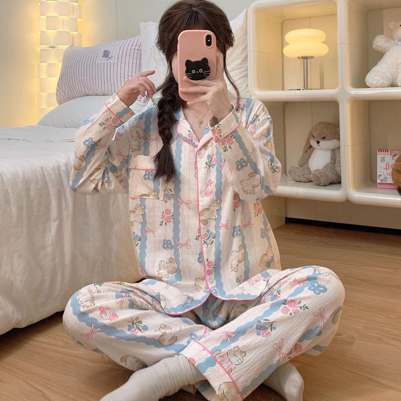 Cloud Cotton Korean Style Striped Plaid Pajama Set: Long Sleeve Cardigan & Pants for Indoor/Outdoor Wear, Real Shot.