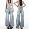 Women's High Rise Wide Leg Jeans Loose Straight Embroidery Denim Pants Two Length No Stretch Vintage Autumn Trousers