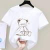 Cute Teddy Bear Print Crew Neck Tshirt Kids Fit Short Sleeve Cartoon Fashion Coffee Cup Kawaii Girls Clothing