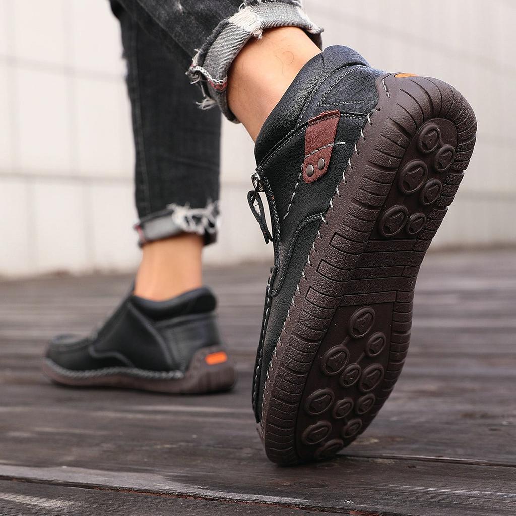 Men's High-top Casual Leather Shoes Hand-stitched Plus Size 38-50 Non-slip Soft Sole Flats with Zipper for Walking Working