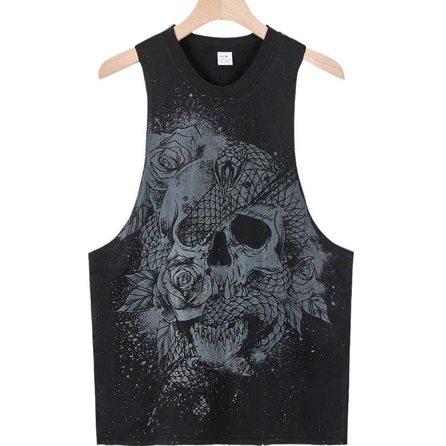 

Летний новый мужской жилет с принтом черепа, модный, повседневный, спортивный, быстросохнущий, дышащий, безрукавный топ-майка XXL чёрный