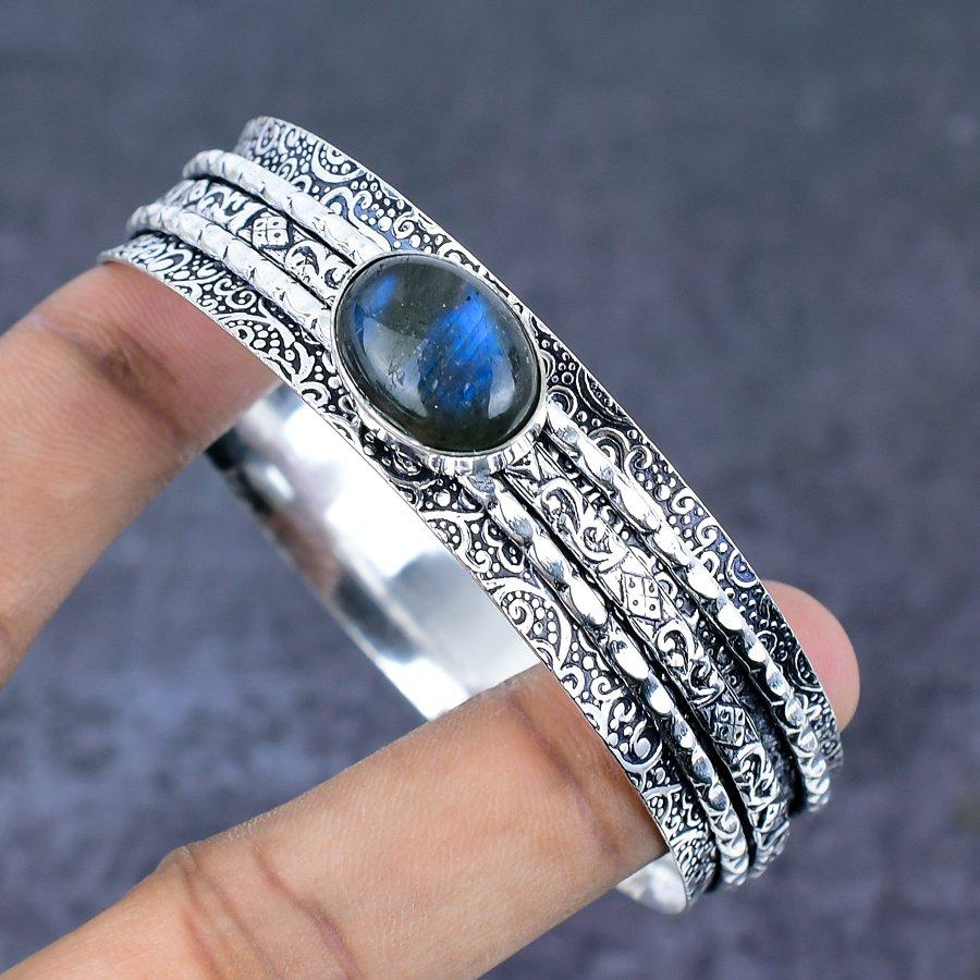 Labradoritt Edelsten Håndlaget 925 Sterlingsølv Mansjettarmbånd 7,5" R0c16