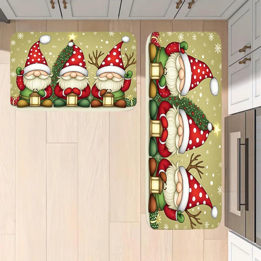 Festive Gnome Trio Doormat Lantern Tree Rug, Soft Polyester Machine Washable Door Carpet for Christmas Entryway Home Decor