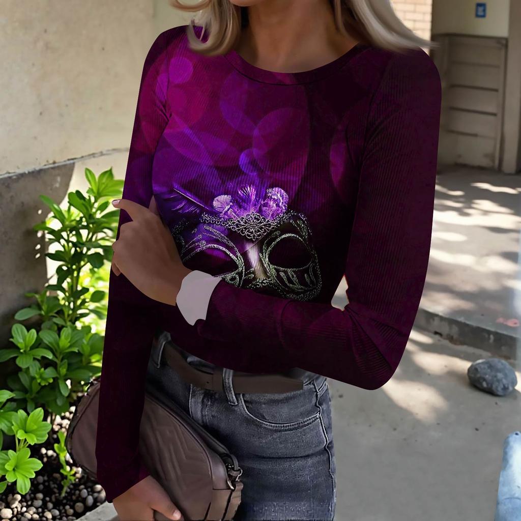 Women's  Slim Bottom T-shirt Fashion Casual Gradient Printing Round Neck Pullover Long Sleeve Top