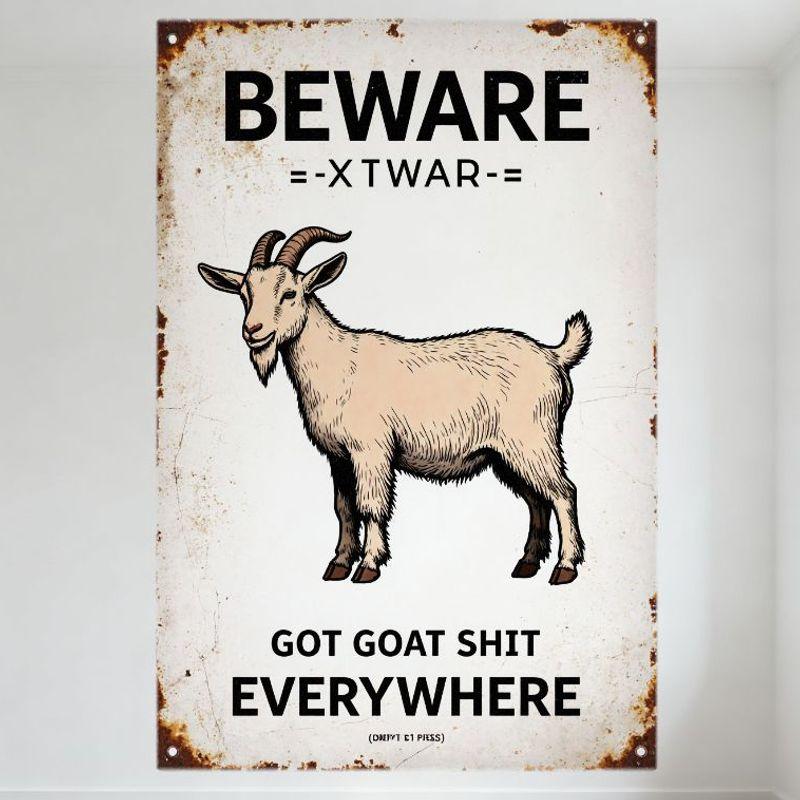 Винтажная табличка  Осторожно, козел  Рустик-металлическая табличка с иллюстрацией мультяшного козла  ВЕЗДЕ КОЗЛЯЧИЙ ПОМЕТ  Потертый состаренный металл Предупреж 20x30cm（7.8x11.8inch）
