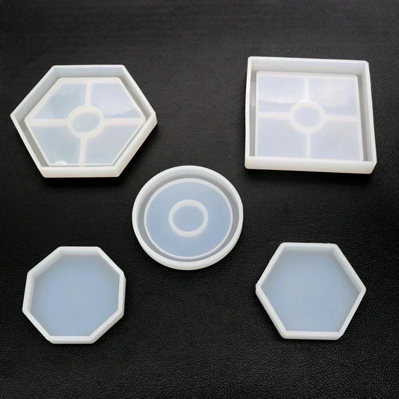 5Pcs Handmade Mirror Silicone Coaster Molds Hexagonal Square Base Mold Kit Resin Key Zone Square Epoxy Casting Mold Home Supplis