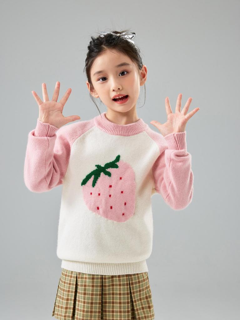 Pull Brodé Fraise pour Filles - Tricot Doux pour l'Automne et le Printemps