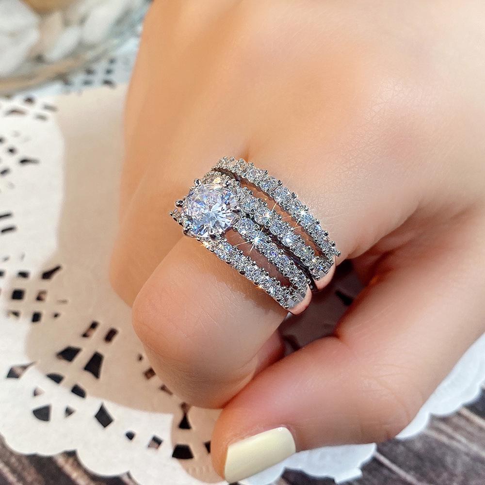 Cao Shi Double Layer Zircon Engagement & Wedding Ring Set for Women - European & American Style Diamond Bridal Jewelry