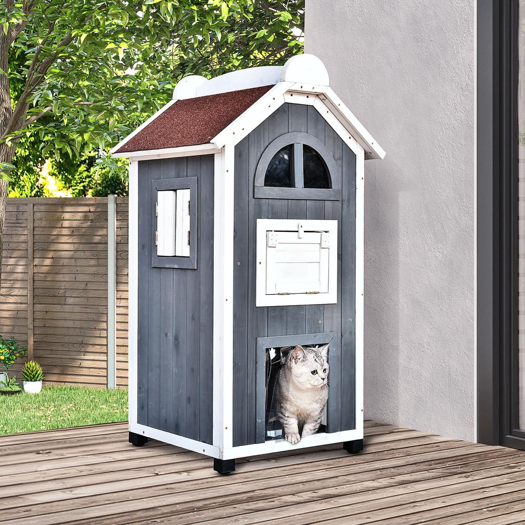 Outdoor Cat House 2-Story Cat House Made of Fir Wood, Weatherproof Cat Hut with Asphalt Roof, Gray, 59 X 55 X 109 Cm