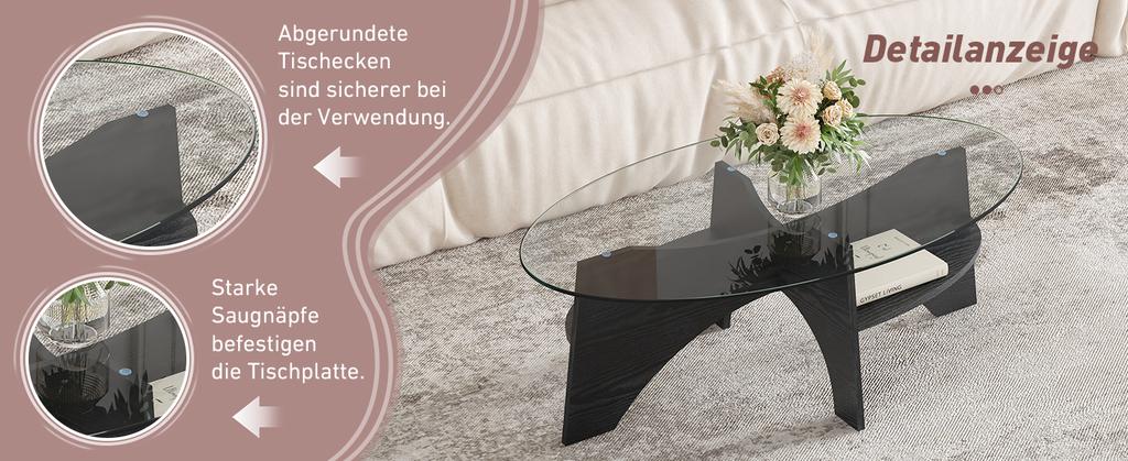 Modern Oval Side Table Made of Safety Glass - Length 104.9cm, Width 60 cm. Table Legs Made of MDF with Black Wood Look. Ideal for Dining Room, Office.