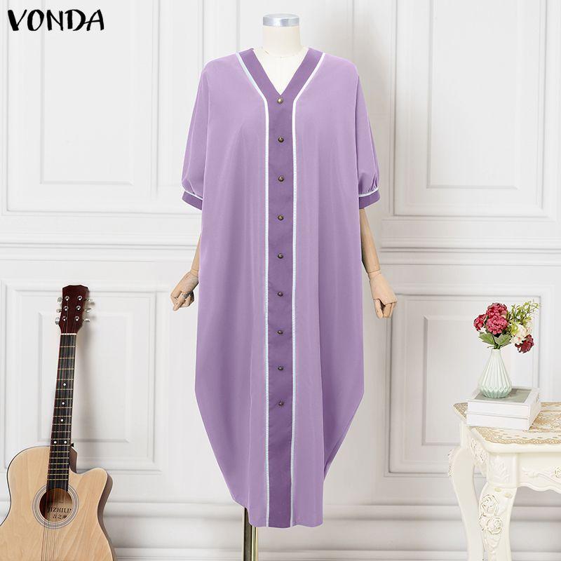 

VONDA Oversized Women 3/4 Sleeve Stitching Casual Long Baggy Maxi Robe Dress 5XL фіолетовий