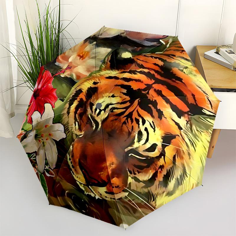 1pc Tiger Flowers Automatic Folding Umbrella Automatic Open/Close, 8-Rib Durable Frame, Compact Travel Umbrella Suitable024