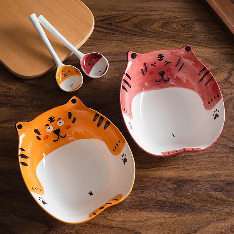 7,8 Zoll Große Nudelschüssel Keramik Suppen-Ramen-Schüssel Cartoon Tiger Schüssel Löffel für Kinder Mikrowellengeeignet