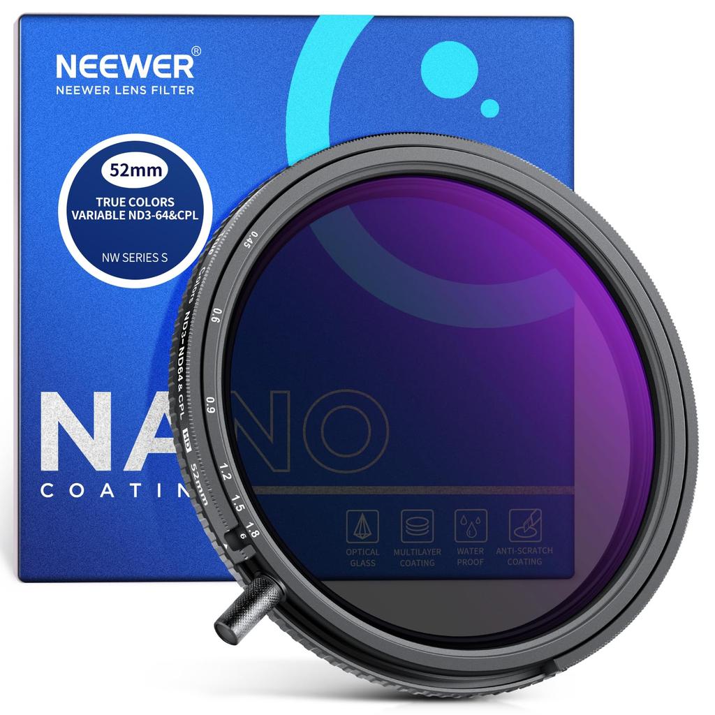 NEEWER 52mm True Color Variable and CPL Filter with Hand Adjustable Neutral Density Filter Circular HD Optical Alloy and ND3-ND64 Knob, 2-in-1 &