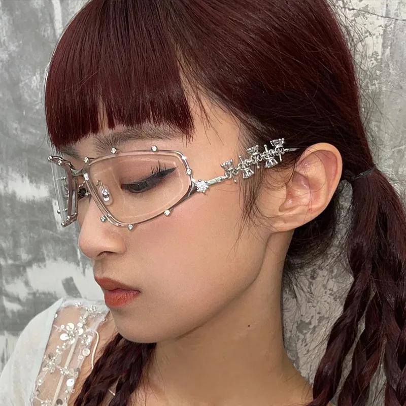 Y2K Rhinestone Vintage Eyeglasses Women Oversized Metal Frame Clear Lens Gold Optical Spectacle Unisex