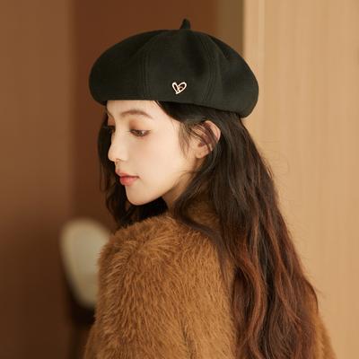 Spring and Autumn Hat Women's Advanced Sense Love Metal Label Woolen Hat Show Face Small Sweet Pumpkin Hat