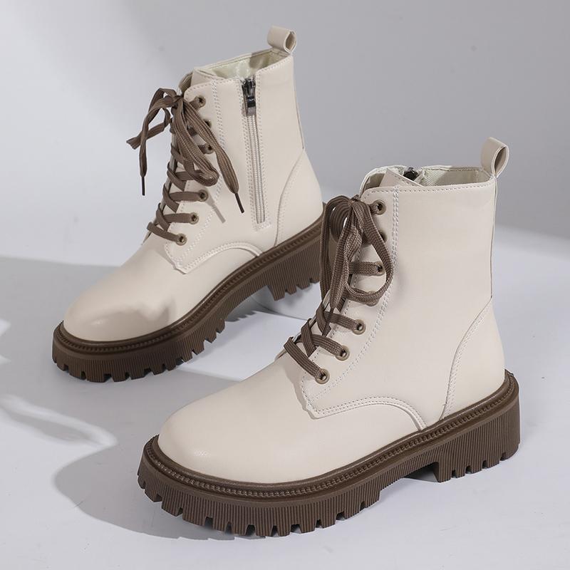 Fashion Autumn Winter Short Plush Ankle Boots Women Fashion Lace Up Pu Leather Platform Boots Woman Thick Sole Motorcycle Botas Mujer 42