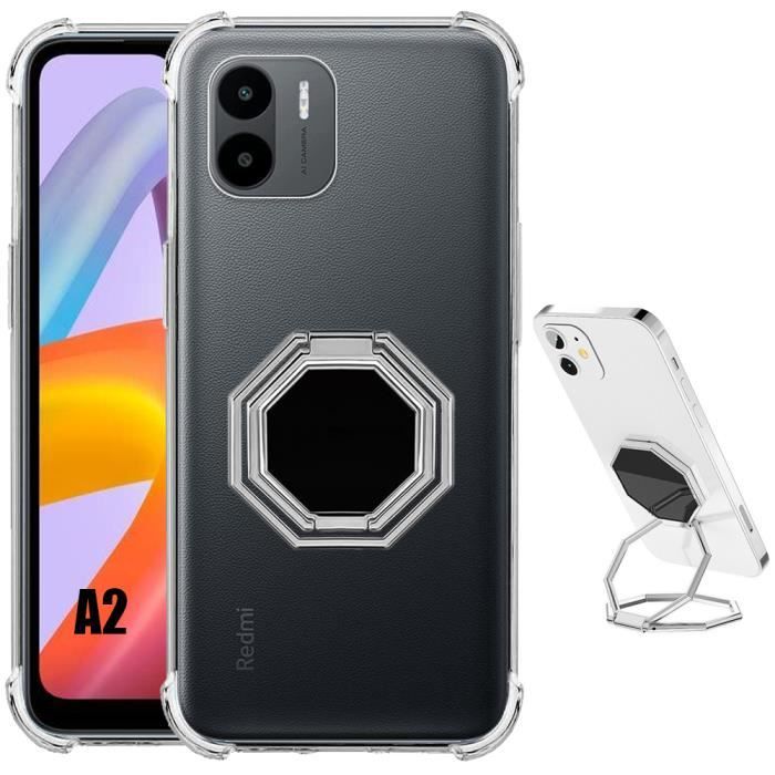 Coque pour xiaomi redmi a2 silicone coins renforcés transparent avec support multi-angle rotatif argenté