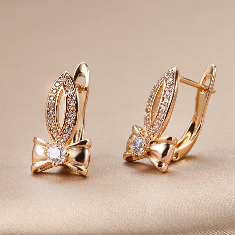 Elegant Bow Zircon Earrings: Copper-Plated, Real Gold for Women, European & American Fashion