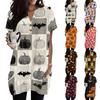 Women V Neck Halloween Printed Short Sleeve Pullover Dress with Pocket Casual Loose Fit Tunic Dress for Autumn and Spring