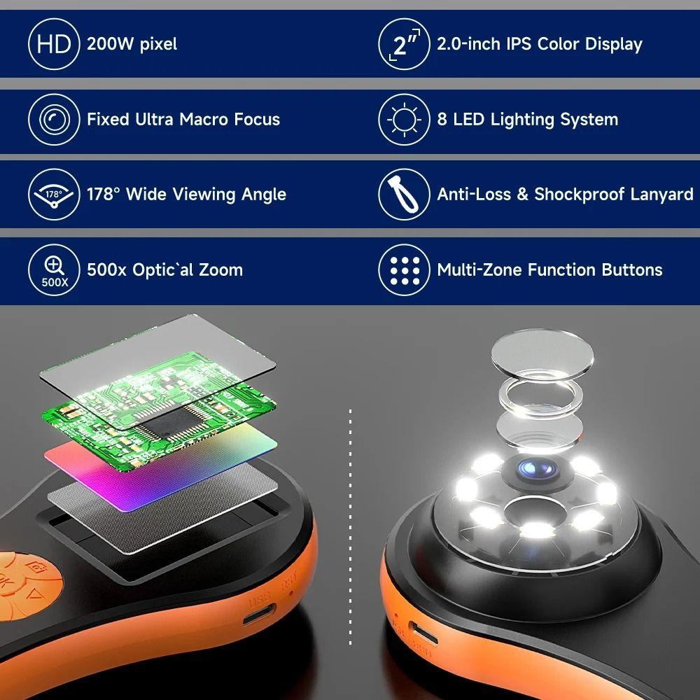 with 2 inch Screen Digital Microscope 500x Zoom Handheld Magnifying Glass  Specimen Making