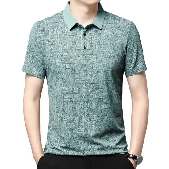 Men Daily Shirt Button Turn-down Collar Short Sleeves Ice Silk Printed Pullover Formal Business Style Mid Length Office Top