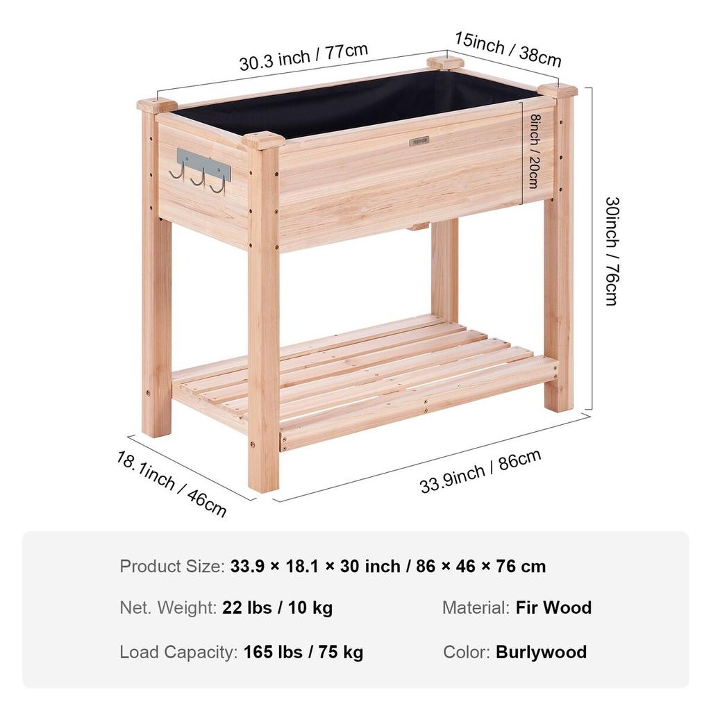 Wooden Raised Garden Bed Planter Box 33.9x18.1x30" Flower Vegetable Herb