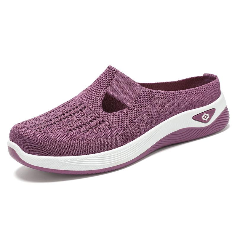 Women's Versatile Breathable Slip-On Closed-Toe Mesh Flyknit Casual Half Slippers with Soft Soles.