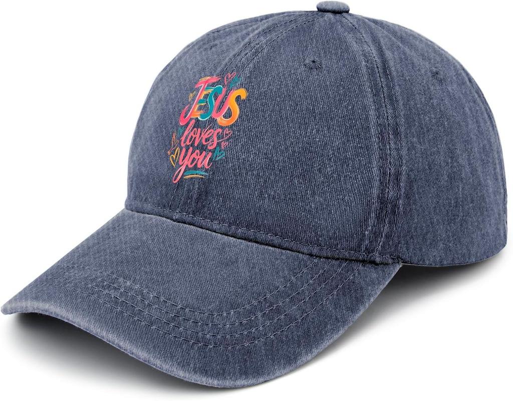 Jesus Loves You Washed Baseball Cap Distressed Polyester Casual Style Adult Adjustable
