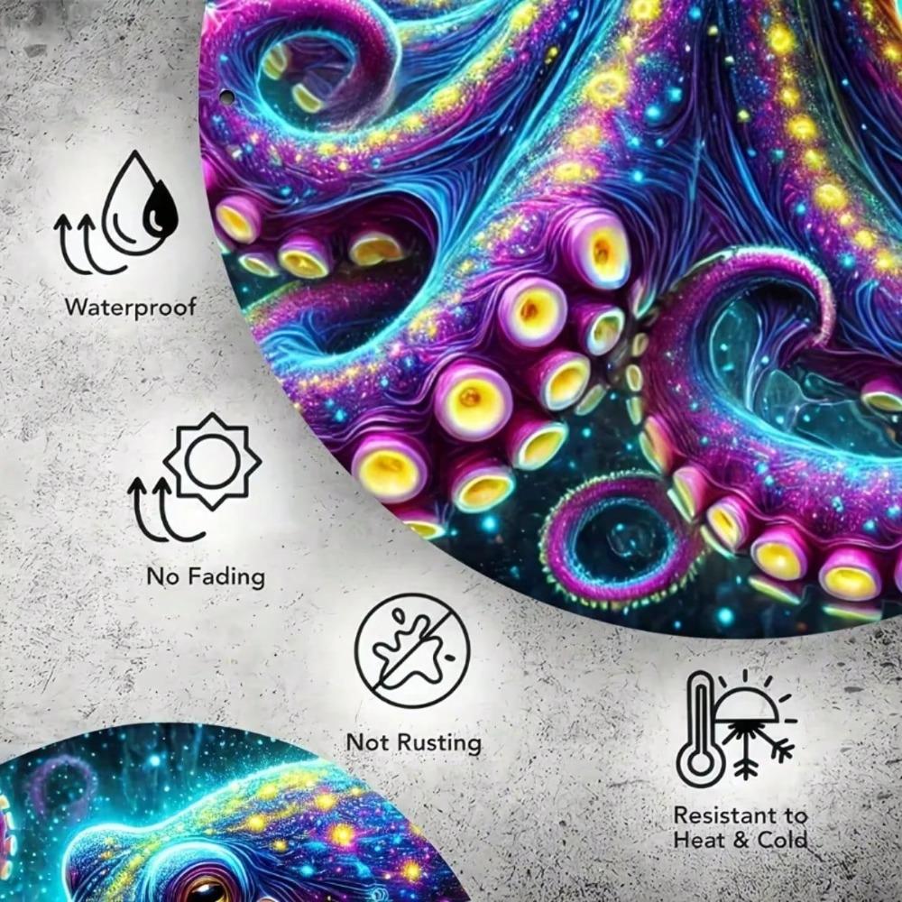 Metal Tin Sign Colorful Octopus Wall Art Durable Round Decor for Home Garden