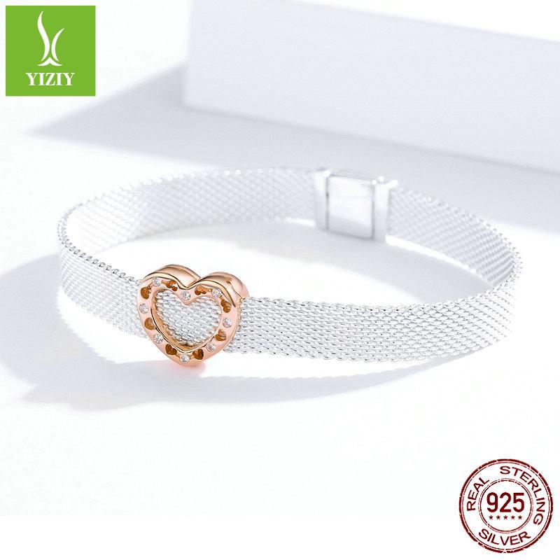 Heart-Shaped 925 Sterling Silver Beads with Rose Gold Plating and Zircon Inlay