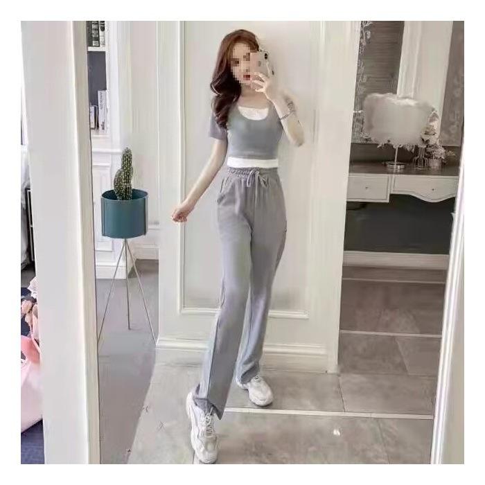 Short Fake Two-piece Top for Summer, Lazy Salt Style Outfit, Street Style Straight Casual Pants Suit, Two-piece Set